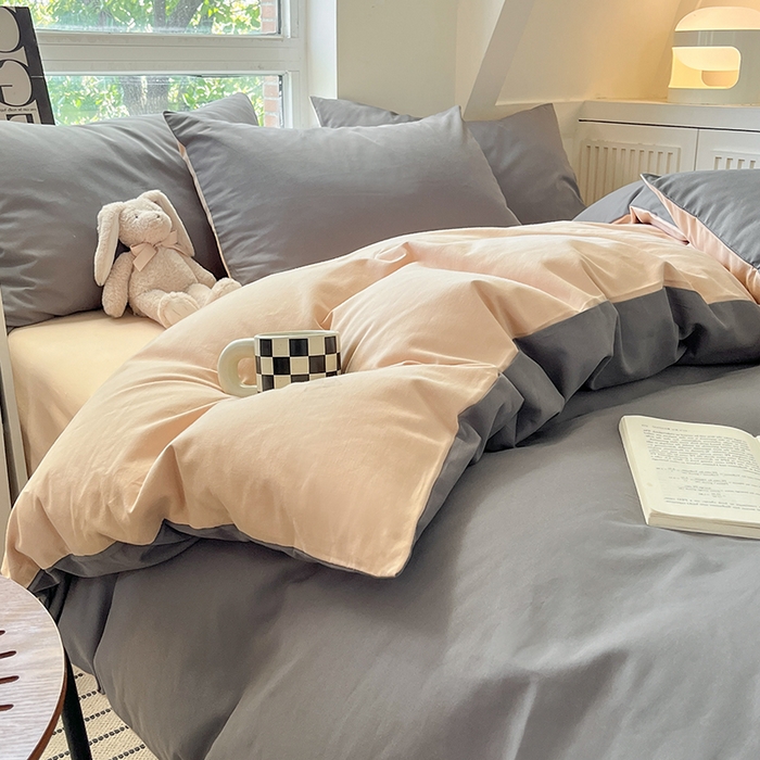 91家纺网 家纺一手货源 找家纺 米粒  2024新款纯色简约双拼磨毛四件套 岩石灰+奶咖