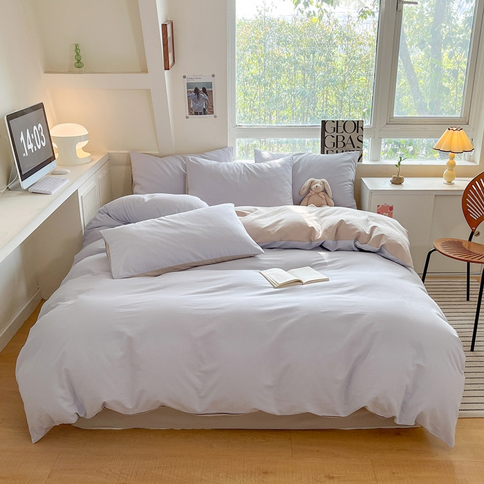 91家纺网 家纺一手货源 找家纺 米粒  2024新款纯色简约双拼磨毛四件套 紫雾+大麦灰