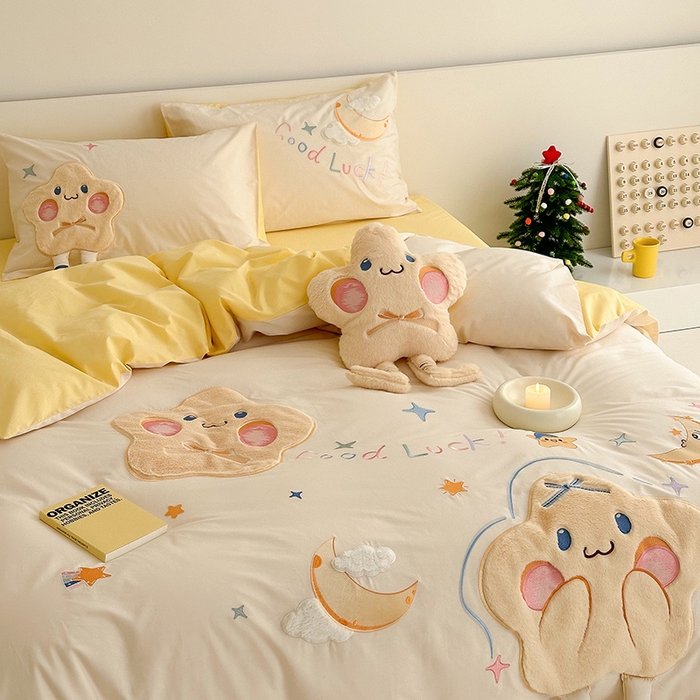 91家纺网 家纺一手货源 找家纺 （总）蜜柚 2024新款全棉水洗棉贴布绣工艺四件套送同款抱枕