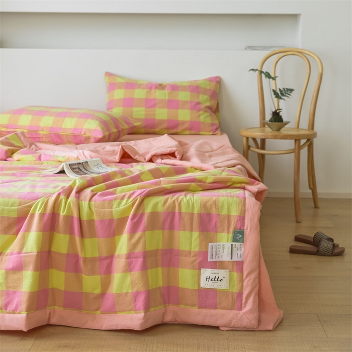 91家纺网 家纺一手货源 找家纺 【直播爆款】24新品A类抗菌全棉色织水洗棉夏被四件套夏凉被空调被-粉黄六分格