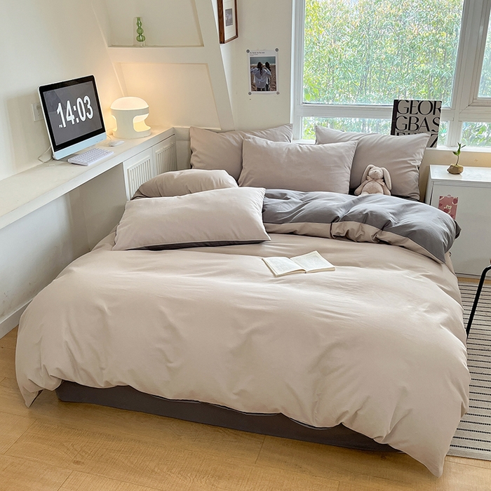 91家纺网 家纺一手货源 找家纺 米粒  2024新款纯色简约双拼磨毛四件套 大麦灰+岩石灰