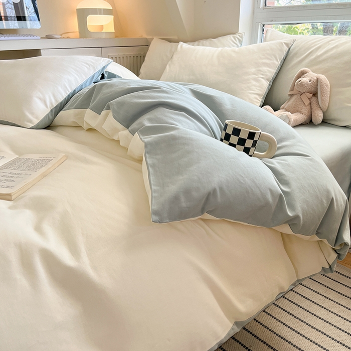 91家纺网 家纺一手货源 找家纺 米粒  2024新款纯色简约双拼磨毛四件套 奶白+天蓝