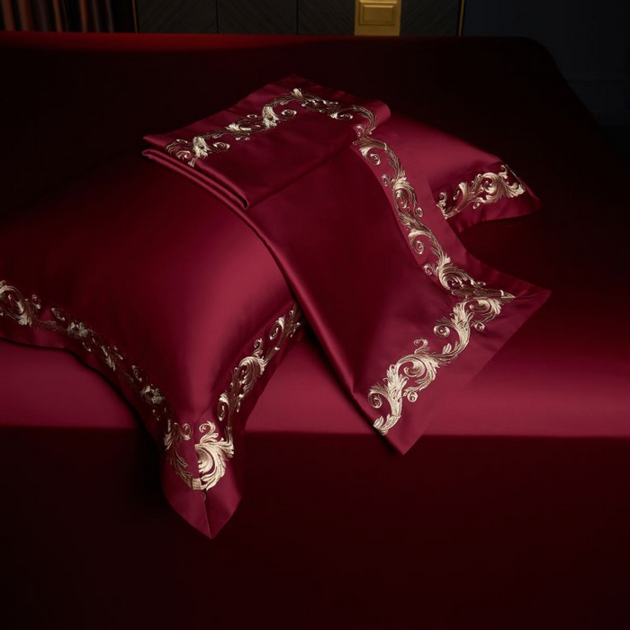 91家纺网 家纺一手货源 找家纺 缔缦 2024新款定织新布种S140重磅刺绣四件套-罗莎 酒红