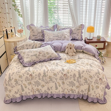 91家纺网 家纺一手货源 找家纺 2024年新款 1有氧提花时尚花边款泡泡棉四件套 甜小兔