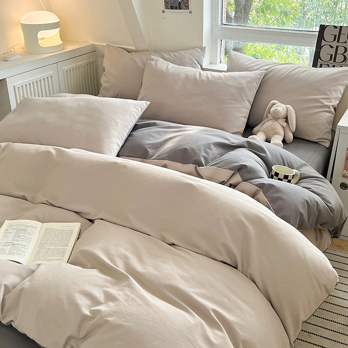 91家纺网 家纺一手货源 找家纺 米粒  2024新款纯色简约双拼磨毛四件套 大麦灰+岩石灰