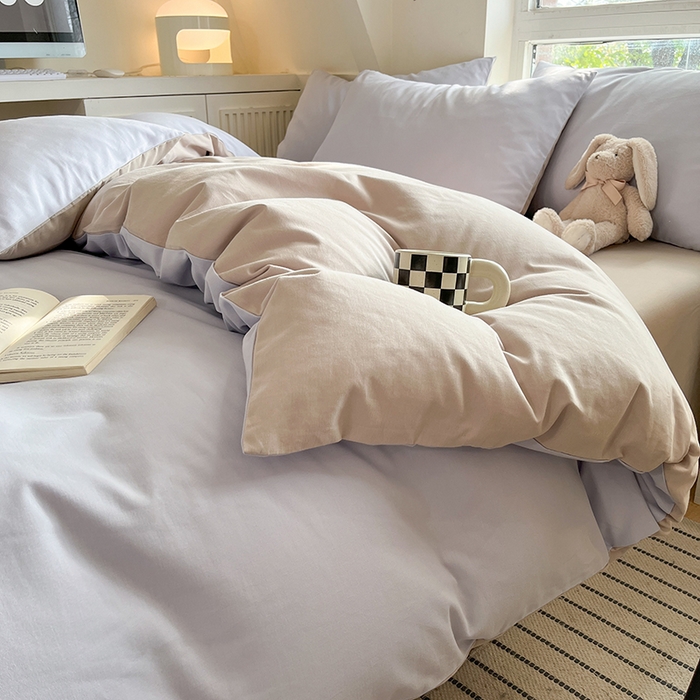 91家纺网 家纺一手货源 找家纺 米粒  2024新款纯色简约双拼磨毛四件套 紫雾+大麦灰