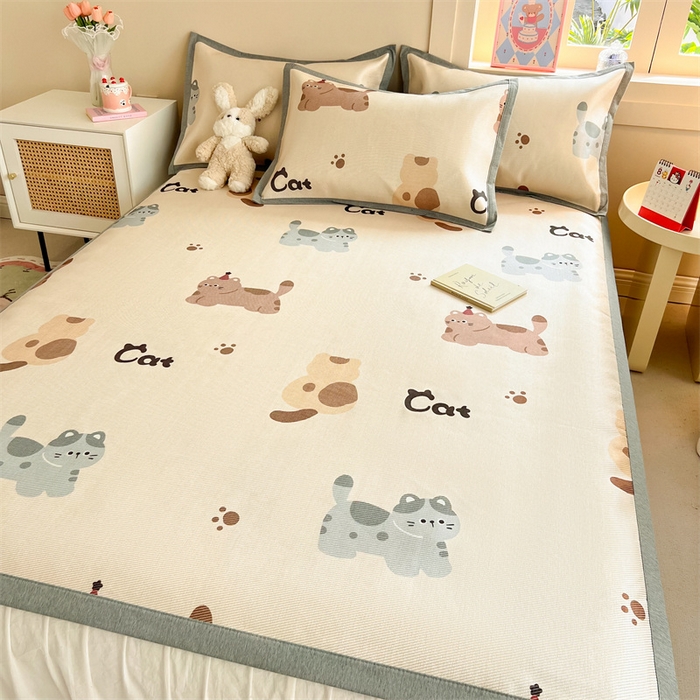 91家纺网 家纺一手货源 找家纺 懒猫家纺 2024新款250D数码印花宽边圆网冰丝席 萌猫派对