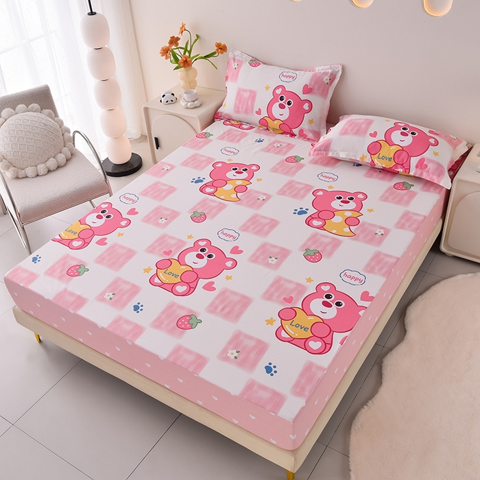 91家纺网 家纺一手货源 找家纺 床笠人家 2025新款全棉印花防水床笠防水隔尿透气-印花防水床笠 草莓熊