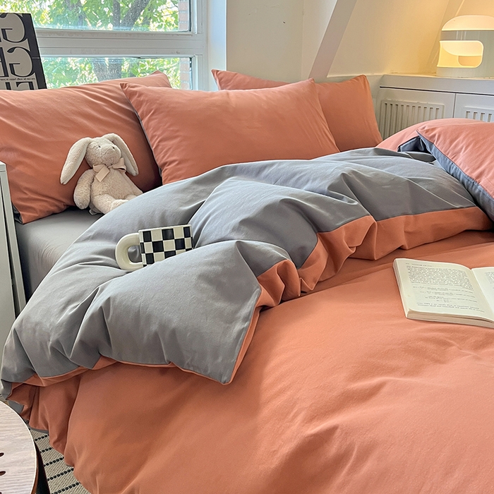 91家纺网 家纺一手货源 找家纺 米粒  2024新款纯色简约双拼磨毛四件套 甜曲奇+石岩灰