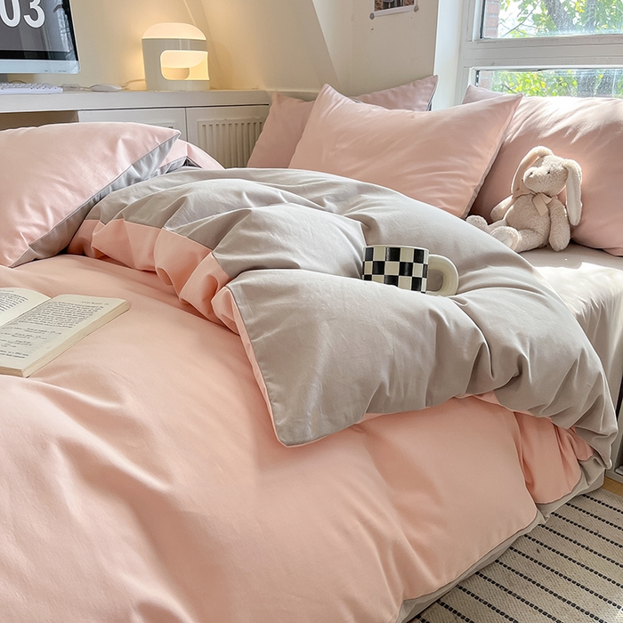 91家纺网 家纺一手货源 找家纺 米粒  2024新款纯色简约双拼磨毛四件套 粉雨+咖