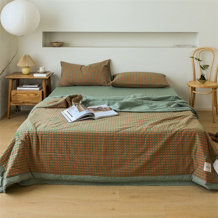 【直播爆款】24新品A类抗菌全棉色织水洗棉夏被四件套夏凉被空调被-橙绿小格