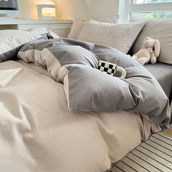 91家纺网 家纺一手货源 找家纺 米粒  2024新款纯色简约双拼磨毛四件套 大麦灰+岩石灰