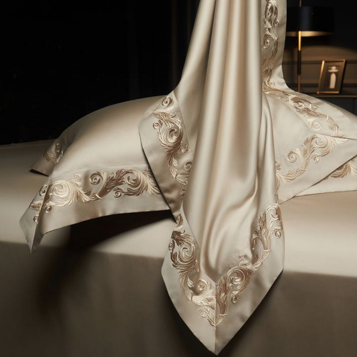 91家纺网 家纺一手货源 找家纺 缔缦 2024新款定织新布种S140重磅刺绣四件套-罗莎 卡其