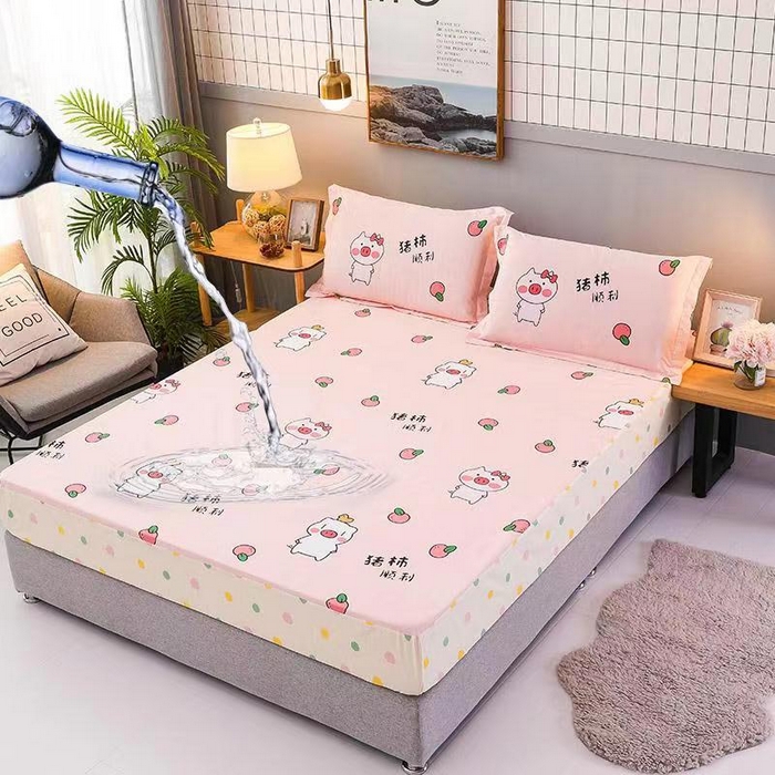 91家纺网 家纺一手货源 找家纺 床笠人家 2025新款全棉印花防水床笠防水隔尿透气-印花防水床笠 猪柿顺利