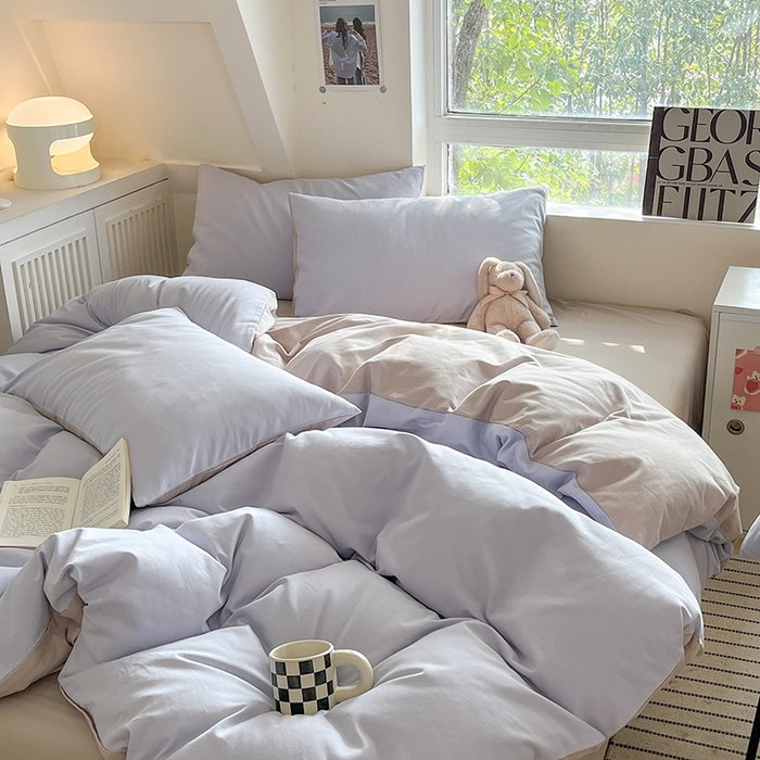 91家纺网 家纺一手货源 找家纺 米粒  2024新款纯色简约双拼磨毛四件套 紫雾+大麦灰