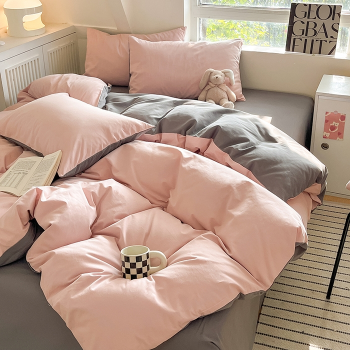 91家纺网 家纺一手货源 找家纺 米粒  2024新款纯色简约双拼磨毛四件套 蔷薇+岩石灰