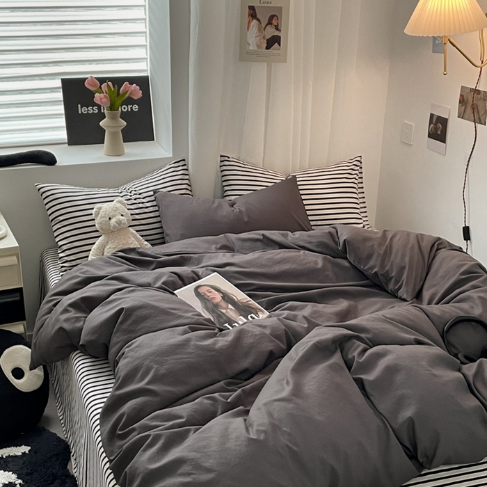91家纺网 家纺一手货源 找家纺 耀达家居 2024新款ins 纯色双拼条纹水洗棉四件套 文艺灰