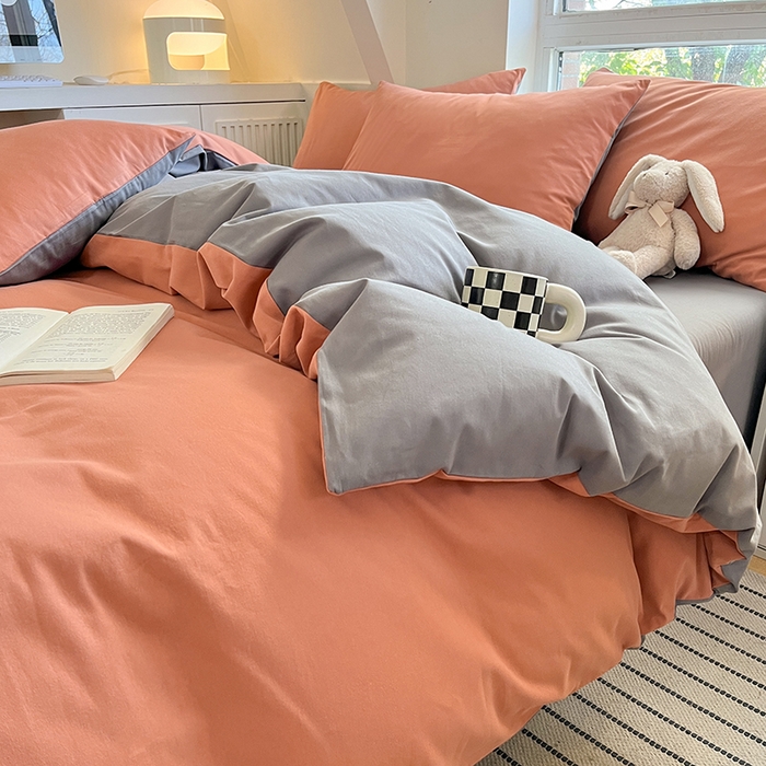 91家纺网 家纺一手货源 找家纺 米粒  2024新款纯色简约双拼磨毛四件套 甜曲奇+石岩灰