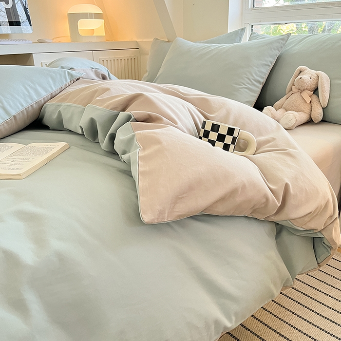 91家纺网 家纺一手货源 找家纺 米粒  2024新款纯色简约双拼磨毛四件套 天蓝+大麦灰