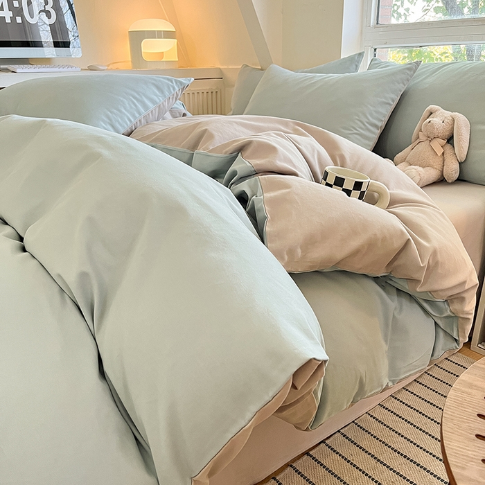 91家纺网 家纺一手货源 找家纺 米粒  2024新款纯色简约双拼磨毛四件套 天蓝+大麦灰