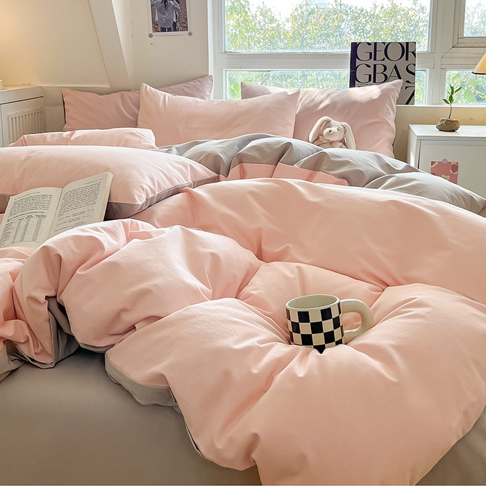 91家纺网 家纺一手货源 找家纺 米粒  2024新款纯色简约双拼磨毛四件套 粉雨+咖