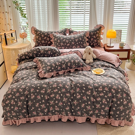 91家纺网 家纺一手货源 找家纺 2024年新款 1有氧提花时尚花边款泡泡棉四件套 暗香