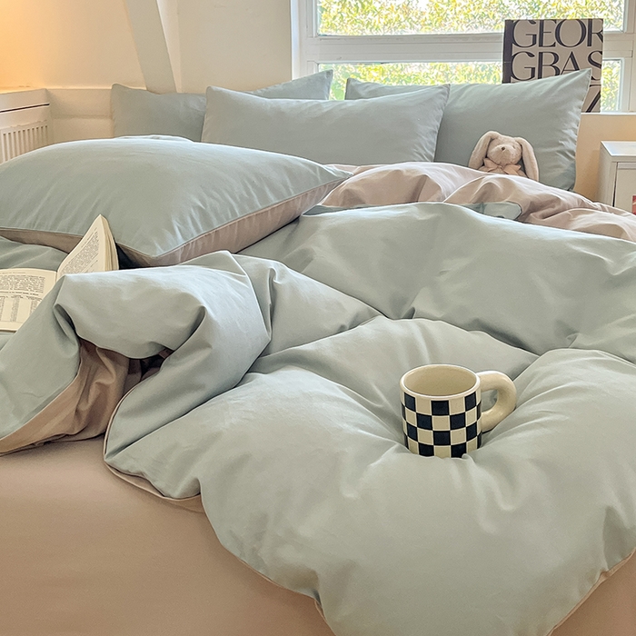 91家纺网 家纺一手货源 找家纺 米粒  2024新款纯色简约双拼磨毛四件套 天蓝+大麦灰