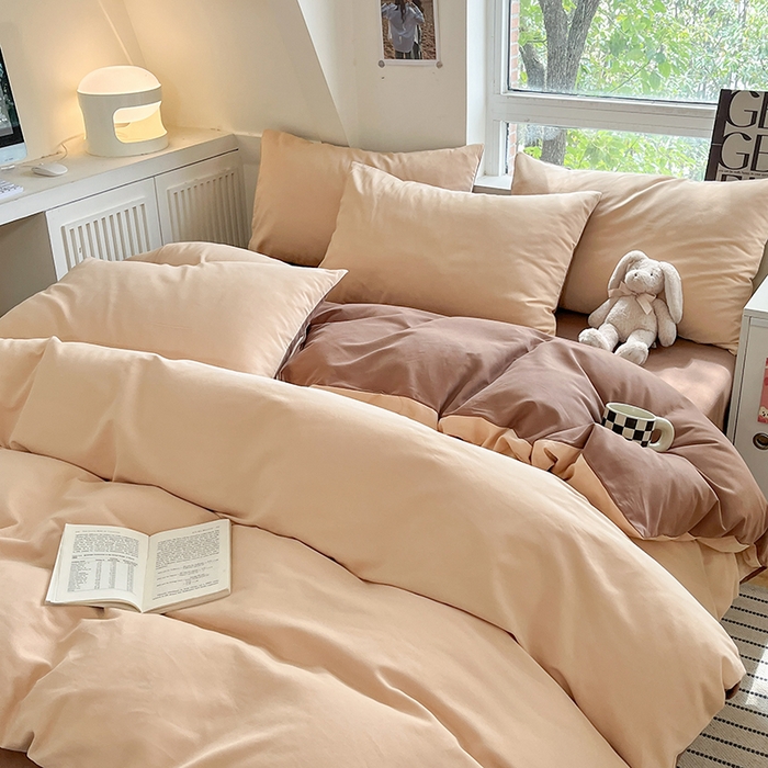 91家纺网 家纺一手货源 找家纺 米粒  2024新款纯色简约双拼磨毛四件套 咖+奶咖