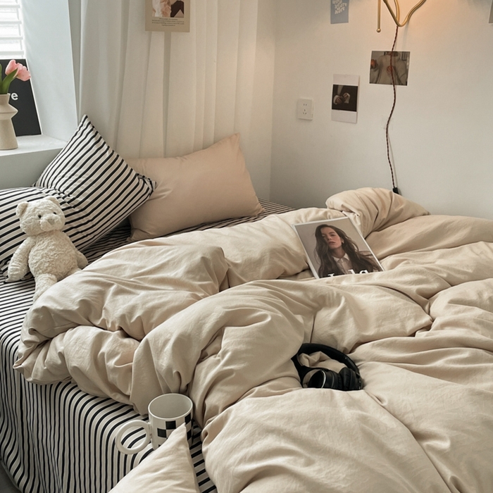 91家纺网 家纺一手货源 找家纺 耀达家居 2024新款ins 纯色双拼条纹水洗棉四件套 奶茶