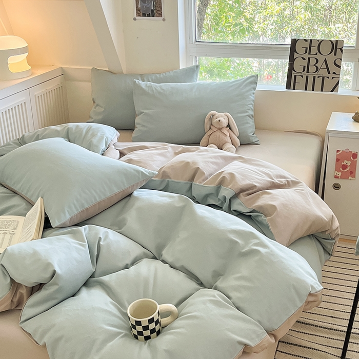 91家纺网 家纺一手货源 找家纺 米粒  2024新款纯色简约双拼磨毛四件套 天蓝+大麦灰