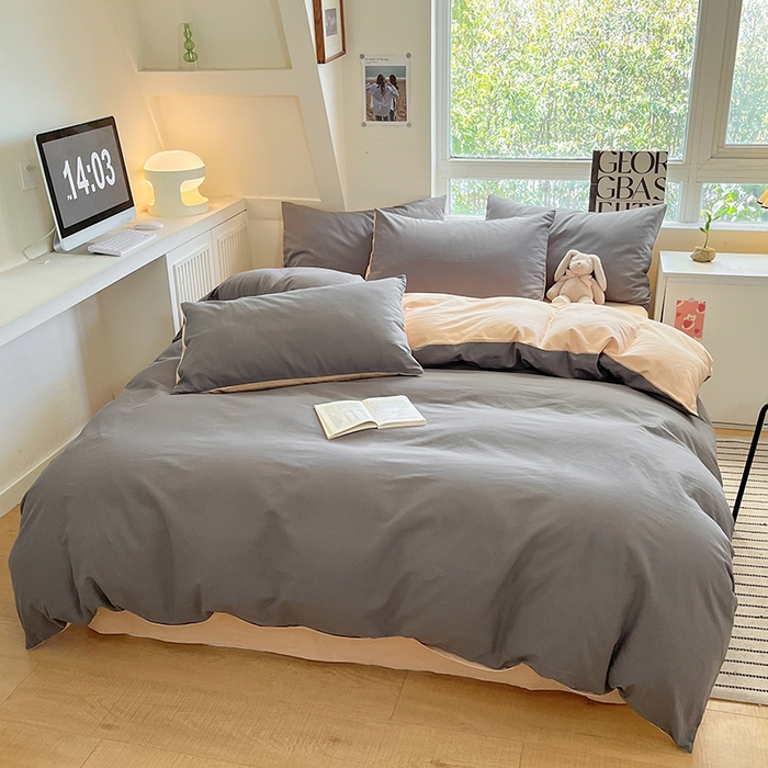 91家纺网 家纺一手货源 找家纺 米粒  2024新款纯色简约双拼磨毛四件套 岩石灰+奶咖