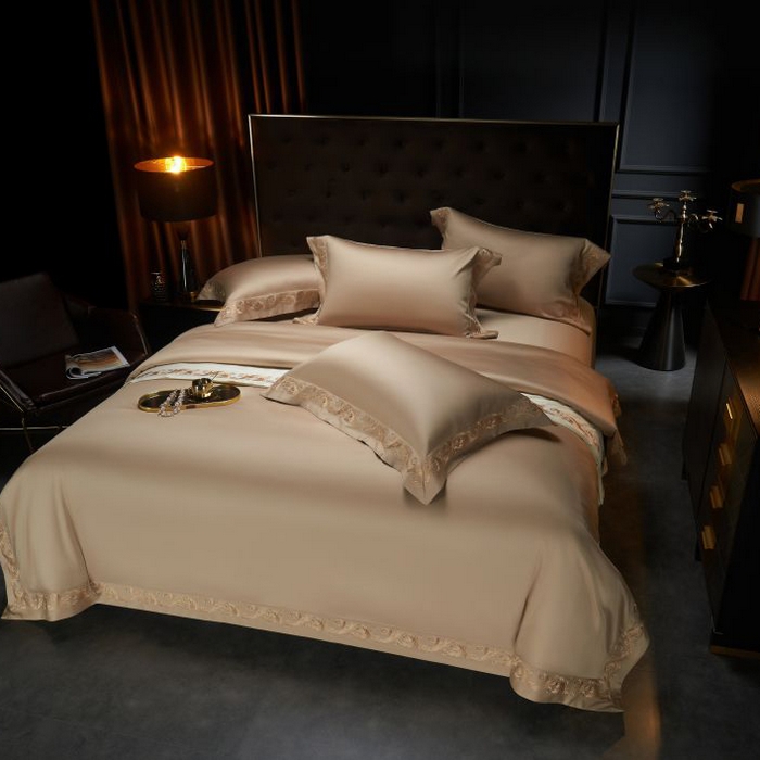 91家纺网 家纺一手货源 找家纺 缔缦 2024新款定织新布种S140重磅刺绣四件套-罗莎 卡其