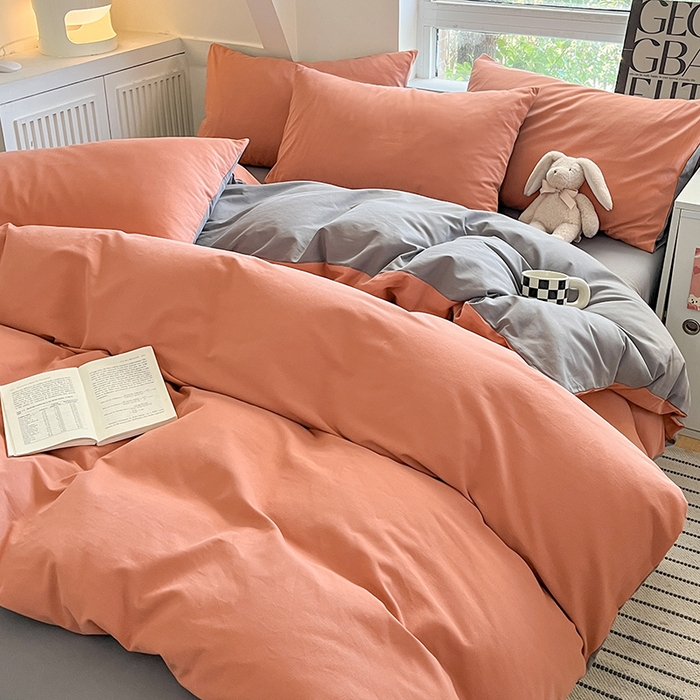 91家纺网 家纺一手货源 找家纺 米粒  2024新款纯色简约双拼磨毛四件套 甜曲奇+石岩灰