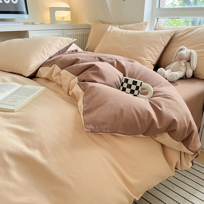 91家纺网 家纺一手货源 找家纺 米粒  2024新款纯色简约双拼磨毛四件套 咖+奶咖