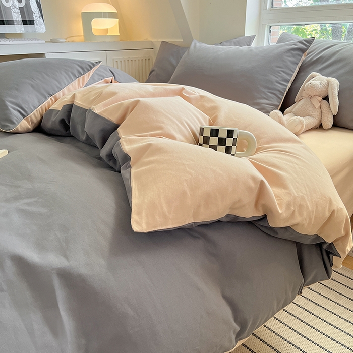 91家纺网 家纺一手货源 找家纺 米粒  2024新款纯色简约双拼磨毛四件套 岩石灰+奶咖