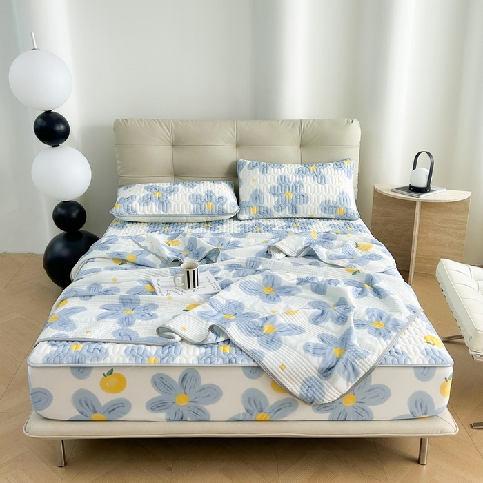 91家纺网 家纺一手货源 找家纺 2024年新品0.4乳胶凉席加厚床笠款三件套+凉感丝夏被可组合四件套-图片二 向阳花