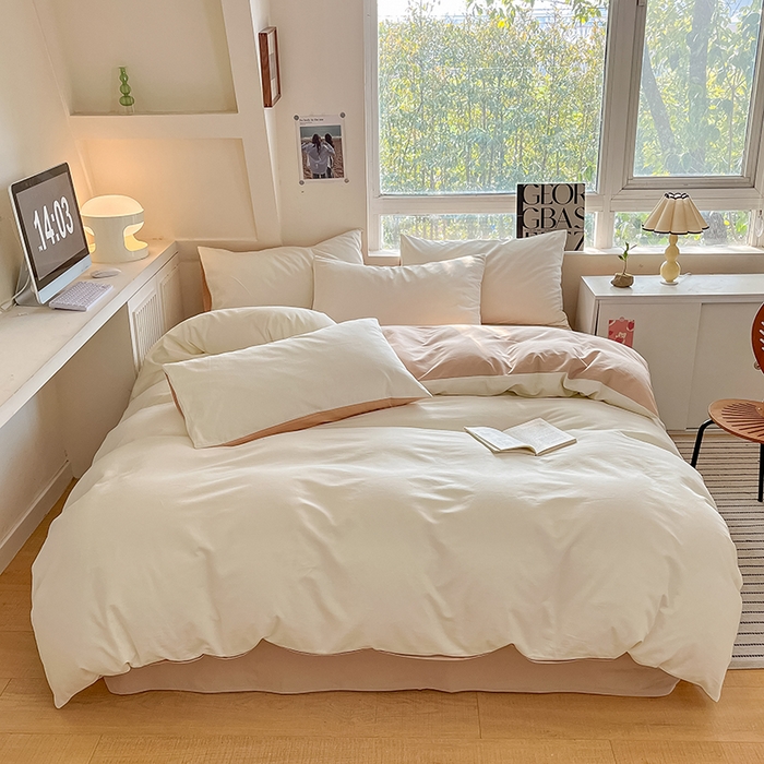 91家纺网 家纺一手货源 找家纺 米粒  2024新款纯色简约双拼磨毛四件套 奶白+咖