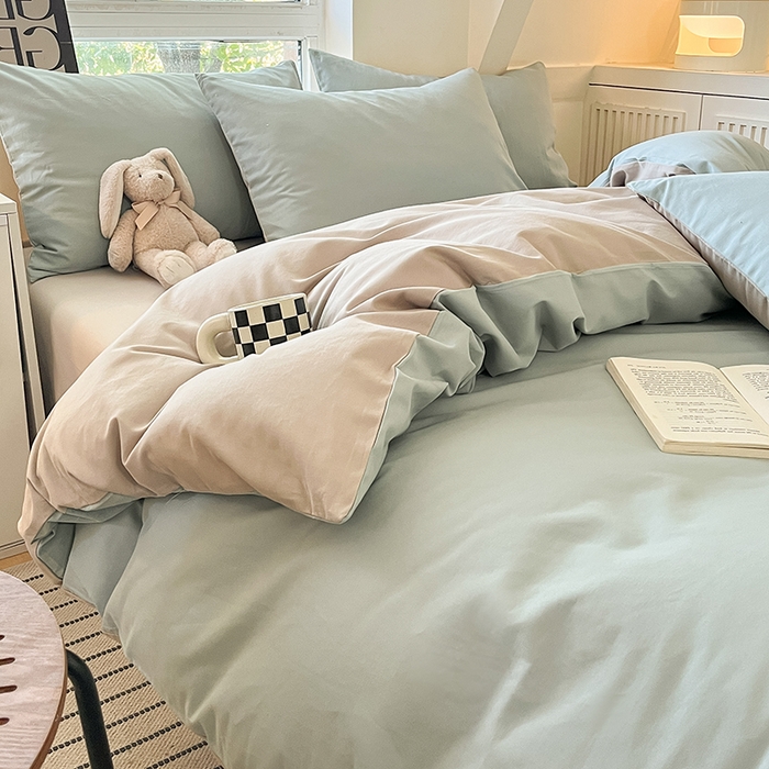 91家纺网 家纺一手货源 找家纺 米粒  2024新款纯色简约双拼磨毛四件套 天蓝+大麦灰