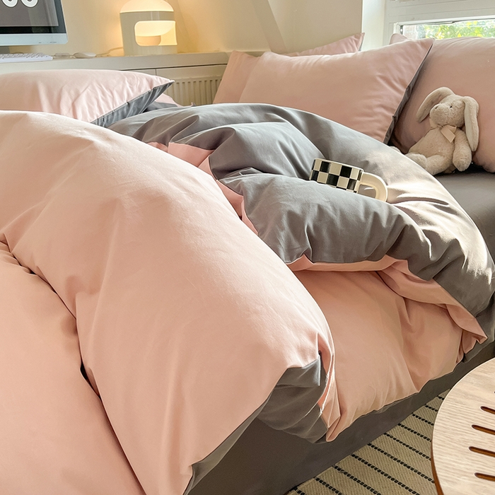 91家纺网 家纺一手货源 找家纺 米粒  2024新款纯色简约双拼磨毛四件套 蔷薇+岩石灰