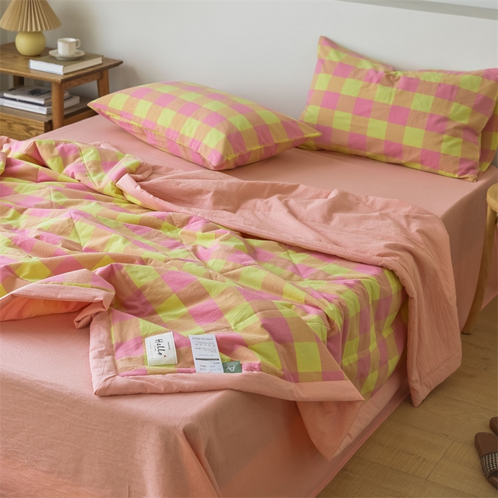 91家纺网 家纺一手货源 找家纺 【直播爆款】24新品A类抗菌全棉色织水洗棉夏被四件套夏凉被空调被-粉黄六分格