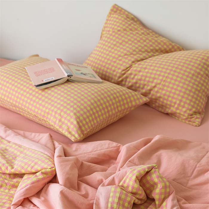 91家纺网 家纺一手货源 找家纺 【直播爆款】24新品A类抗菌全棉色织水洗棉夏被四件套夏凉被空调被-粉黄小格