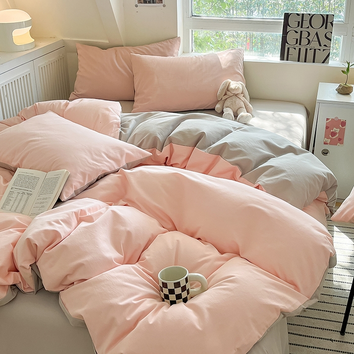 91家纺网 家纺一手货源 找家纺 米粒  2024新款纯色简约双拼磨毛四件套 粉雨+咖