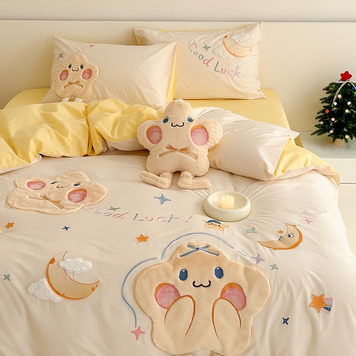 91家纺网 家纺一手货源 找家纺 （总）蜜柚 2024新款全棉水洗棉贴布绣工艺四件套送同款抱枕