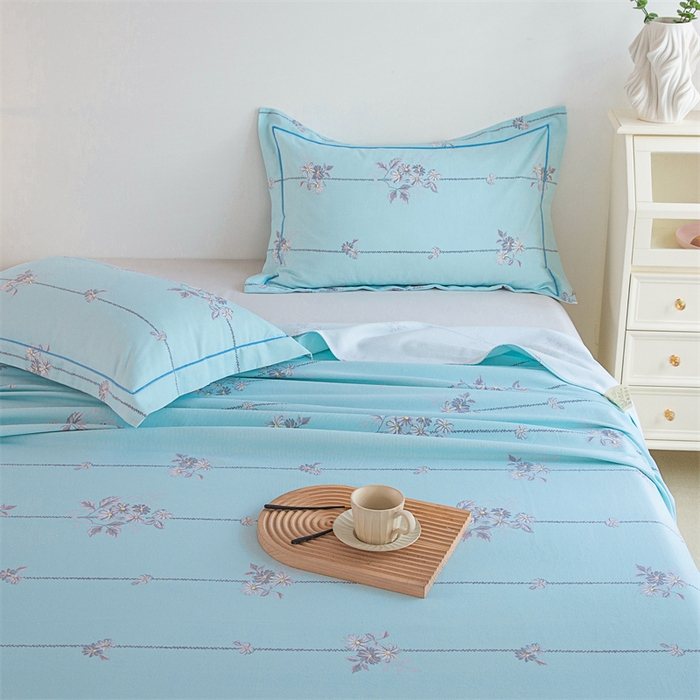 91家纺网 家纺一手货源 找家纺 金泰莱 2025新款原棉全棉老粗布凉席三件套全棉床单纯棉床单软凉席 悠然绽放-蓝