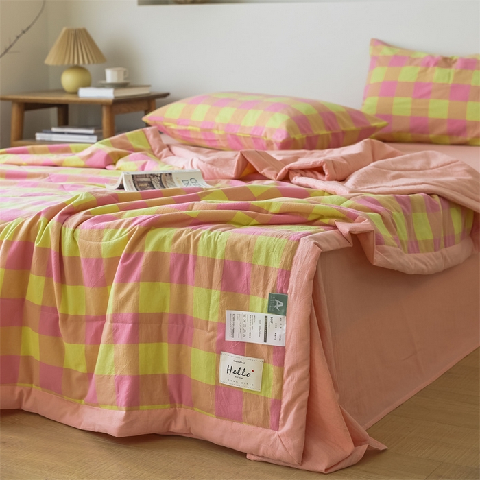 91家纺网 家纺一手货源 找家纺 【直播爆款】24新品A类抗菌全棉色织水洗棉夏被四件套夏凉被空调被-粉黄六分格