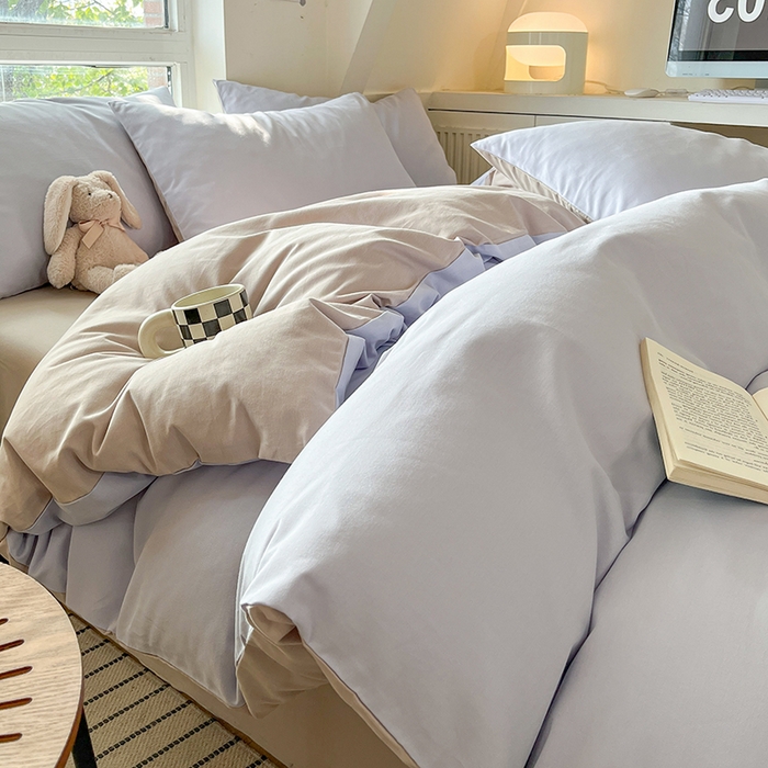 91家纺网 家纺一手货源 找家纺 米粒  2024新款纯色简约双拼磨毛四件套 紫雾+大麦灰