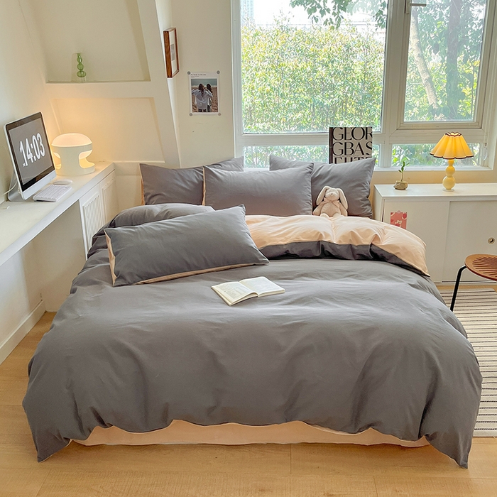 91家纺网 家纺一手货源 找家纺 米粒  2024新款纯色简约双拼磨毛四件套 岩石灰+奶咖