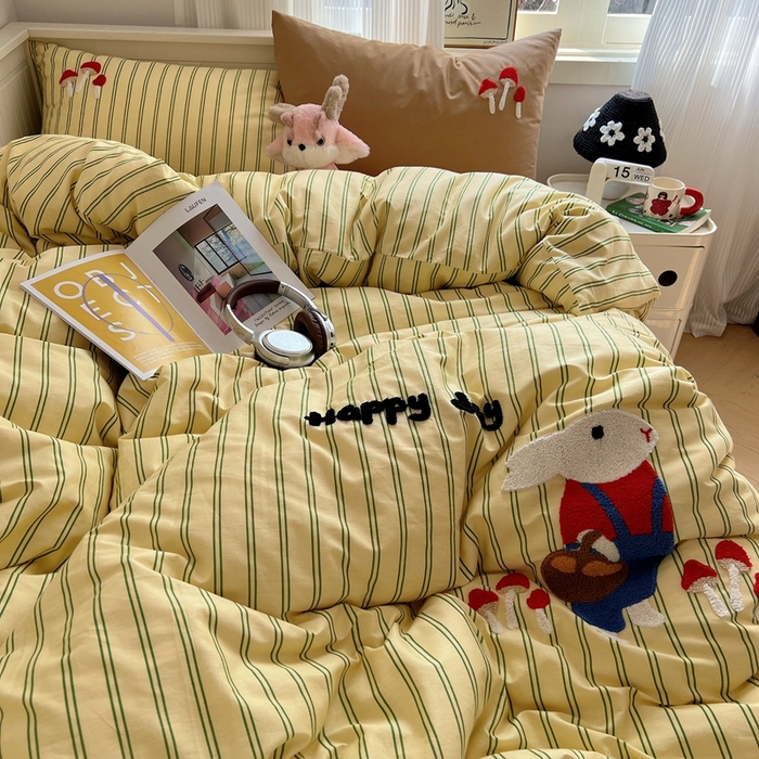 91家纺网 家纺一手货源 找家纺 呗旺鹿 2024新款小清新全棉四件套毛巾绣四件套纯棉四件套 蘑菇小兔