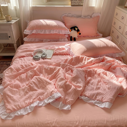 91家纺网 家纺一手货源 找家纺 （总）十里居 2024新款泡泡纱韩版花边床裙款水洗棉夏被四件套