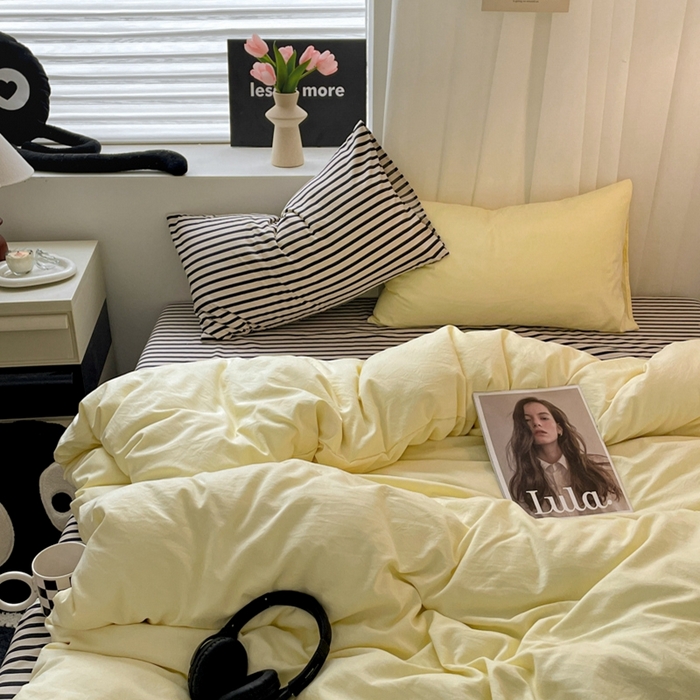 91家纺网 家纺一手货源 找家纺 耀达家居 2024新款ins 纯色双拼条纹水洗棉四件套 芝士